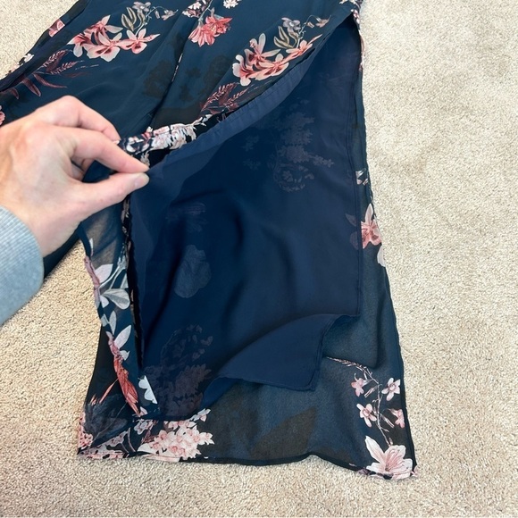 ZARA navy blue pink floral flower chiffon wide leg slit hem pants Sz M - Picture 7 of 14